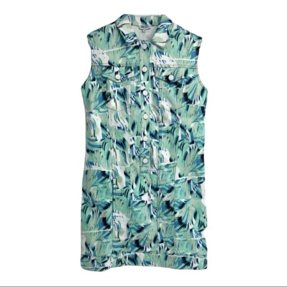 Kenzo Aquamarine teal leaf printed denim shirt mini dress 36 (US 4) - Picture 1 of 15